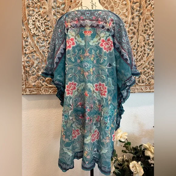 Johnny Was Teal Blue Floral & Birds Lightweight Cotton Ruffle Trim Cover-Up - Picture 2 of 12